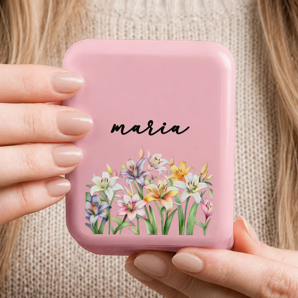 Custom Name & Birth Flower For Her, Sisters, Daughter, Besties - Personalized LED Compact Mirror