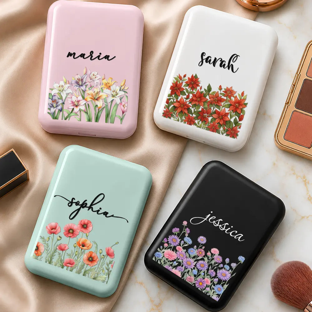 Custom Name & Birth Flower For Her, Sisters, Daughter, Besties - Personalized LED Compact Mirror