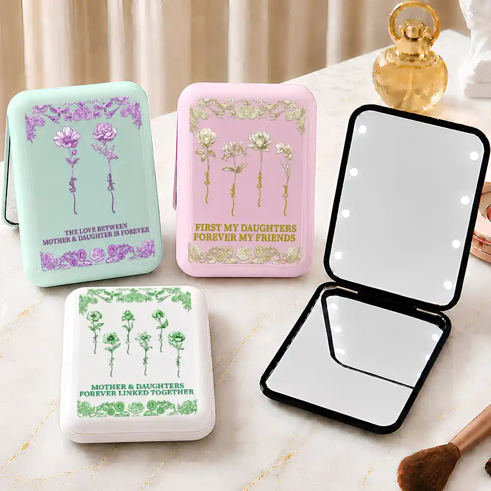 Love Between Mother Daughter Birth Flower Toile - Personalized LED Compact Mirror