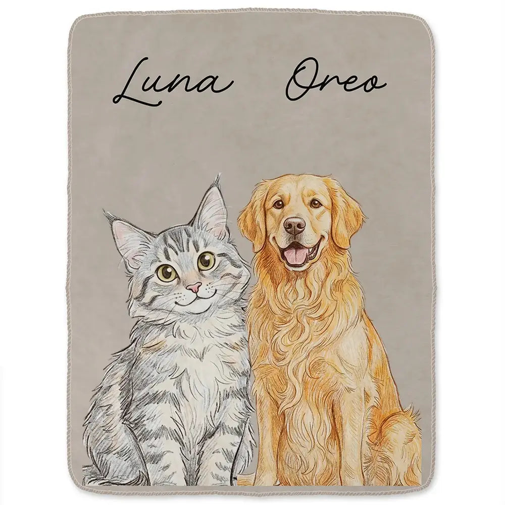 Custom Photo Colored Pencil Sketch Dog Cat Pet Portrait - Personalized Fleece Blanket, Sherpa Blanket
