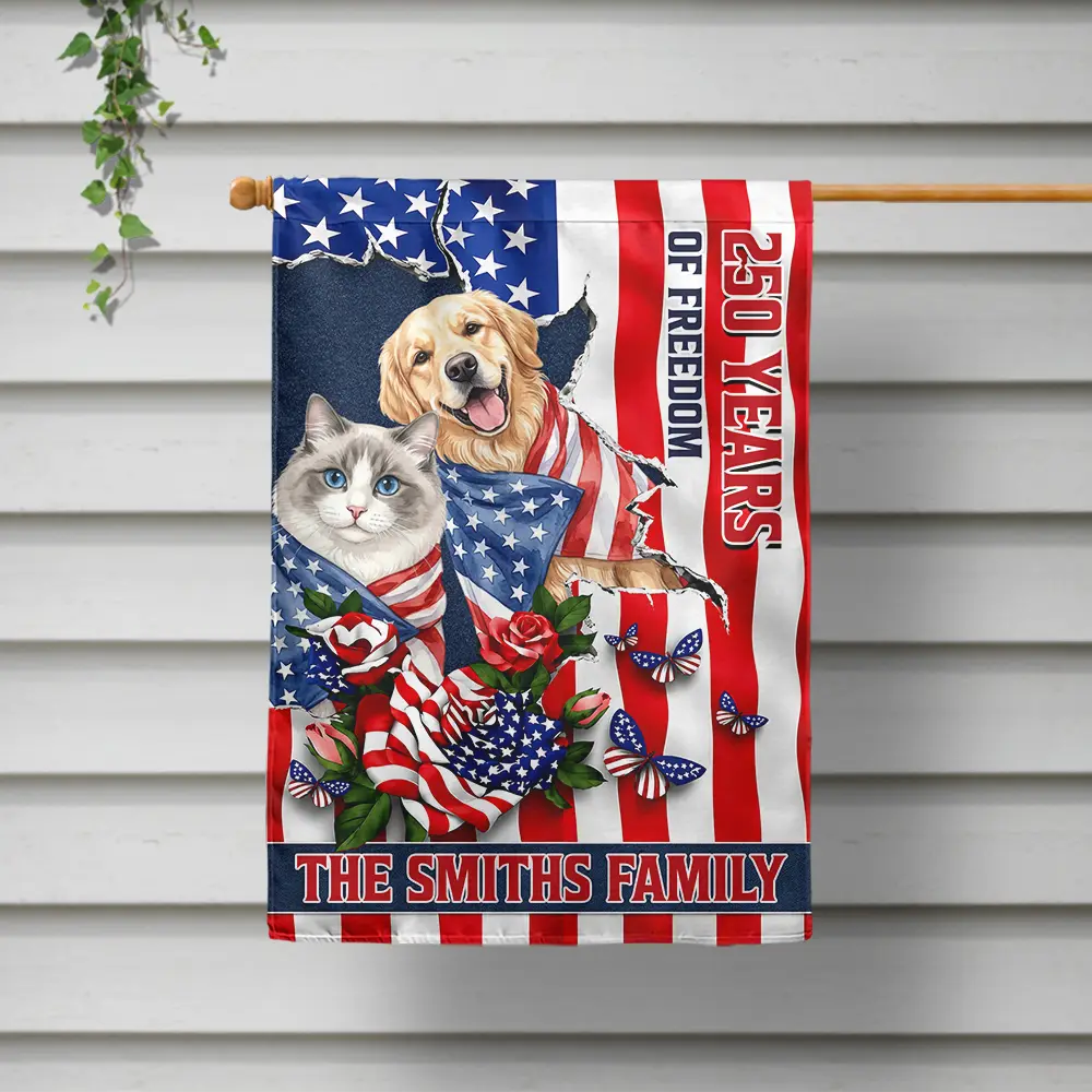 Custom Photo Watercolor With US Accessories Patriotic Dog Cat 250 Years Of Freedom - Personalized Flag