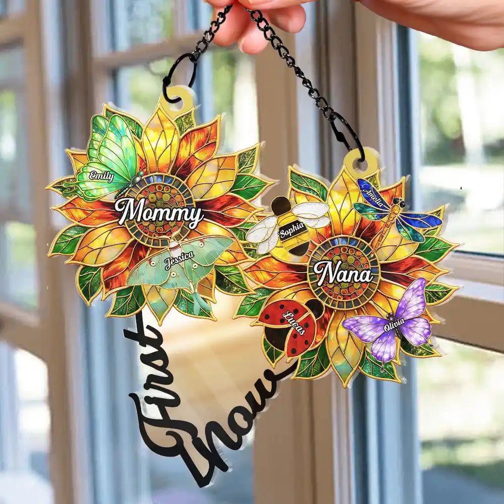 First Mom Now Grandma Sunflower Stained Glass Effect - Personalized Window Hanging Suncatcher Ornament