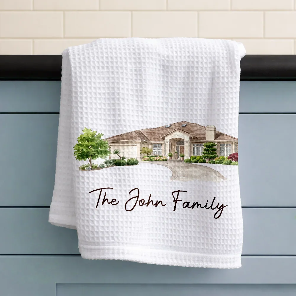 Custom Photo Colored Pencil Sketch Our First Home Family Parents - Personalized Kitchen Towel