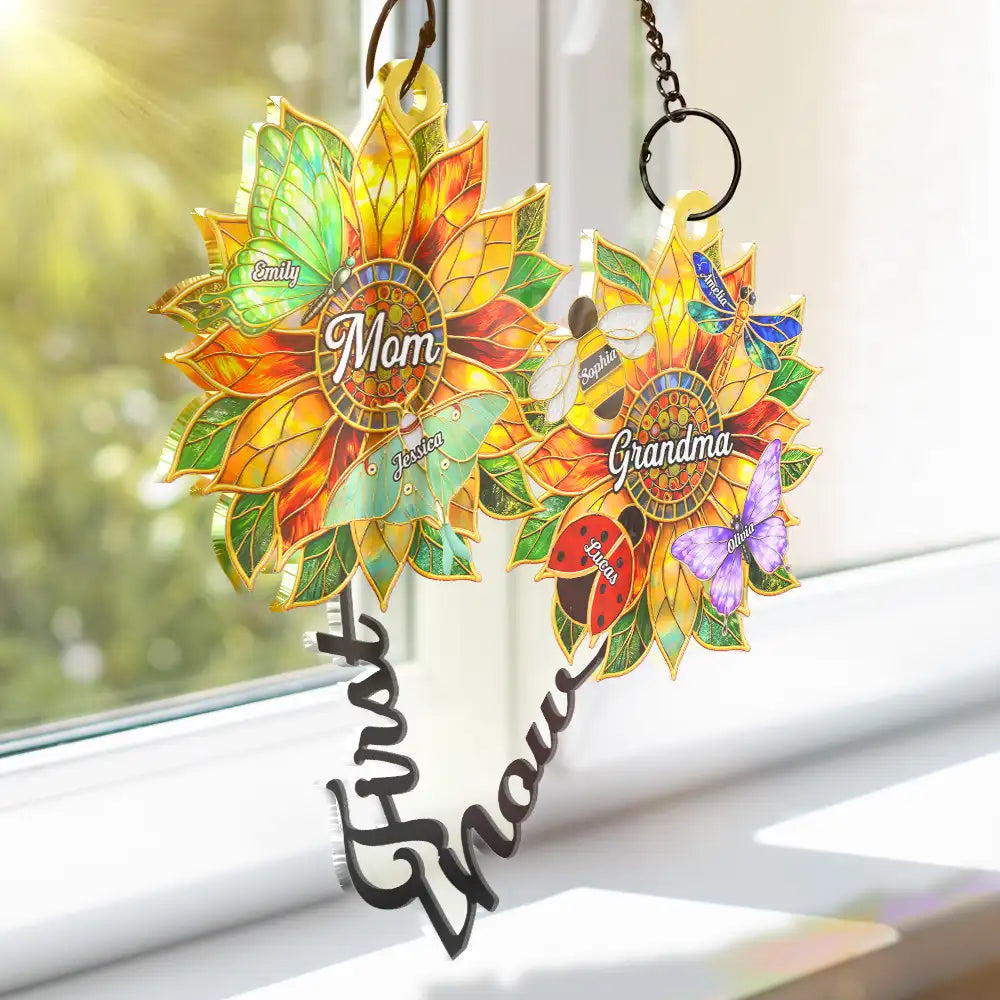 First Mom Now Grandma Sunflower Stained Glass Effect - Personalized Window Hanging Suncatcher Ornament