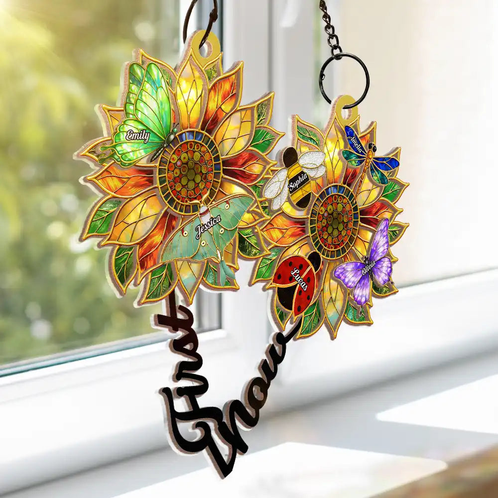 First Mom Now Grandma Sunflower Stained Glass Effect - Personalized Window Hanging Suncatcher Ornament