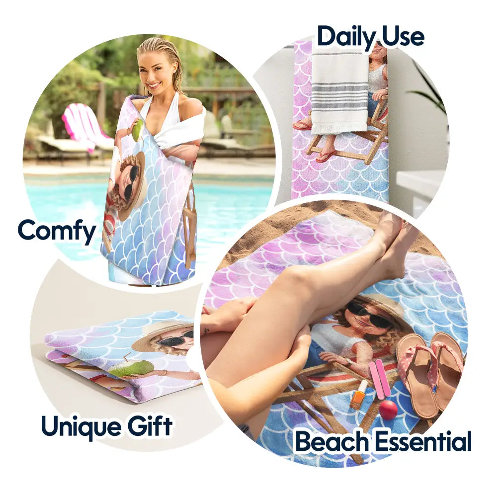 Custom Photo 3D Summer Concept Traveling Beach Poolside Swimming Picnic Vacation - Personalized Beach Towel