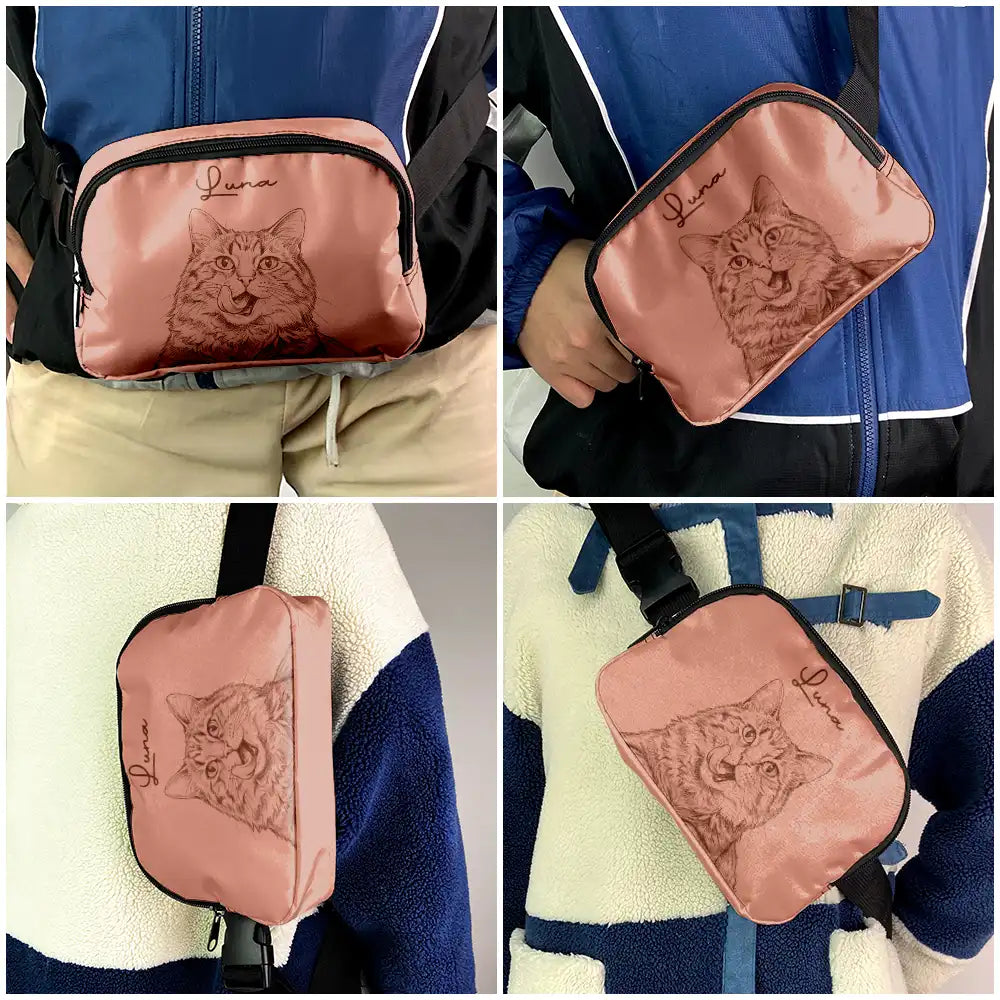 Custom Photo Pencil Sketch Besties Dog Cat Funny Portrait - Personalized Crossbody Belt Bag