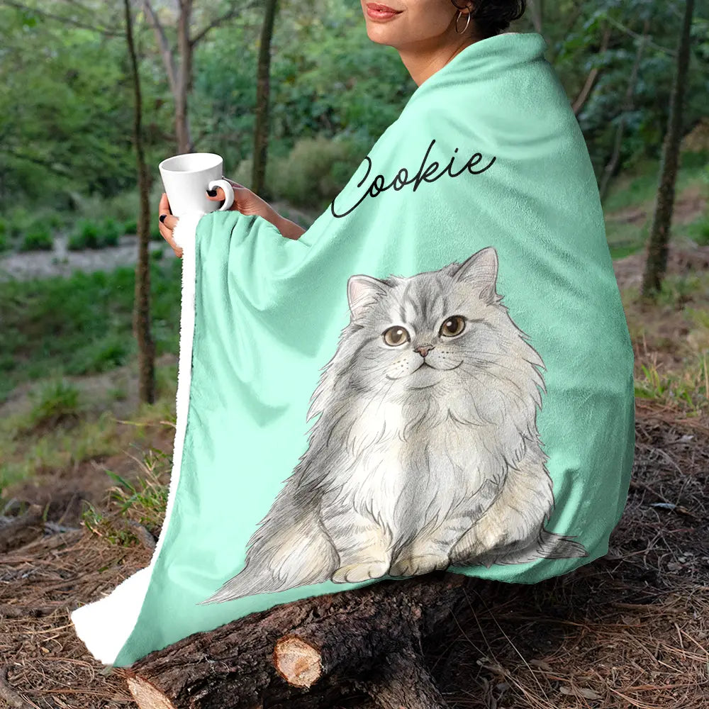 Custom Photo Colored Pencil Sketch Dog Cat Pet Portrait - Personalized Fleece Blanket, Sherpa Blanket