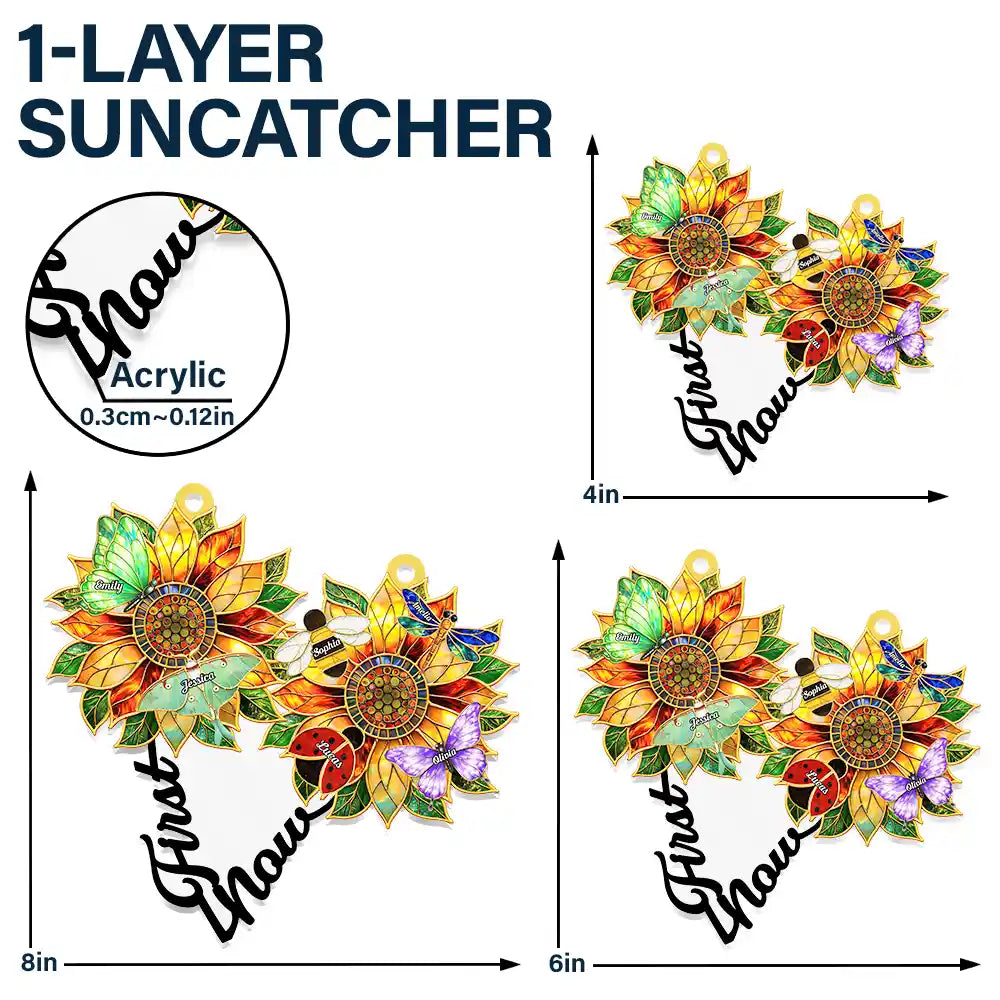 First Mom Now Grandma Sunflower Stained Glass Effect - Personalized Window Hanging Suncatcher Ornament