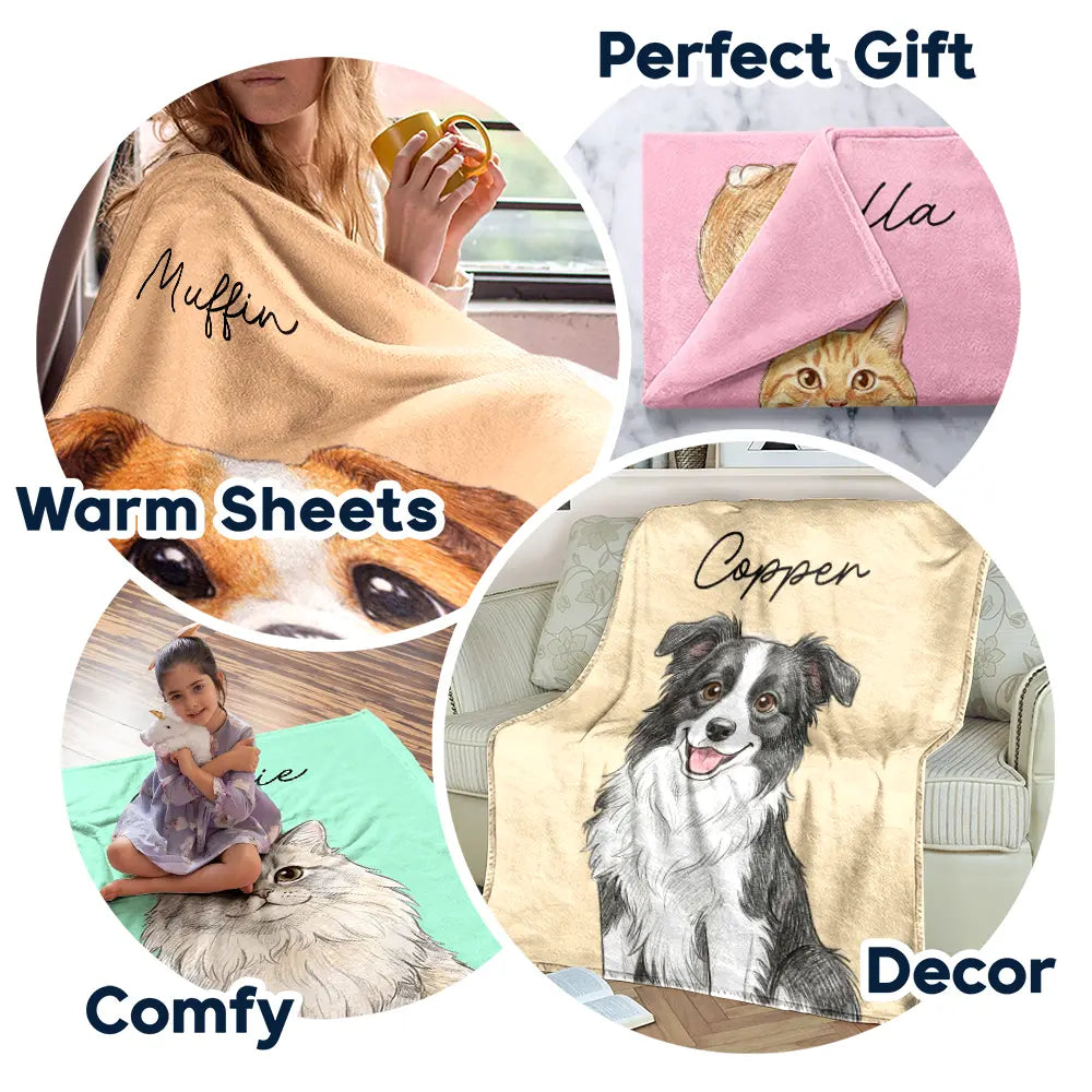 Custom Photo Colored Pencil Sketch Dog Cat Pet Portrait - Personalized Fleece Blanket, Sherpa Blanket