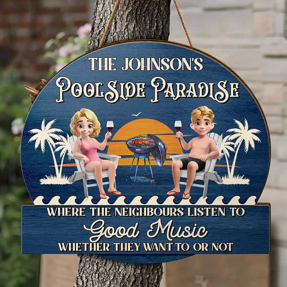 Couple Poolside Paradise Relax Enjoy 3D Effect - Personalised Custom Shaped Wood Sign