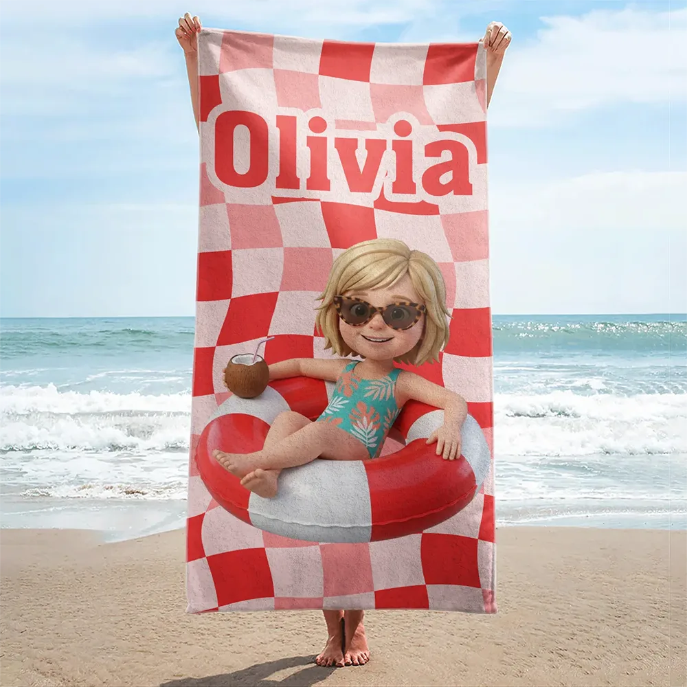 Custom Photo 3D Summer Concept Poolside Beach Vacation Family Pet Kid - Personalized Beach Towel