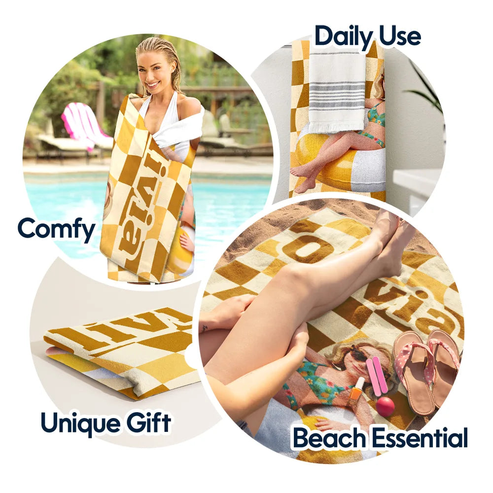 Custom Photo 3D Summer Concept Poolside Beach Vacation Family Pet Kid - Personalized Beach Towel