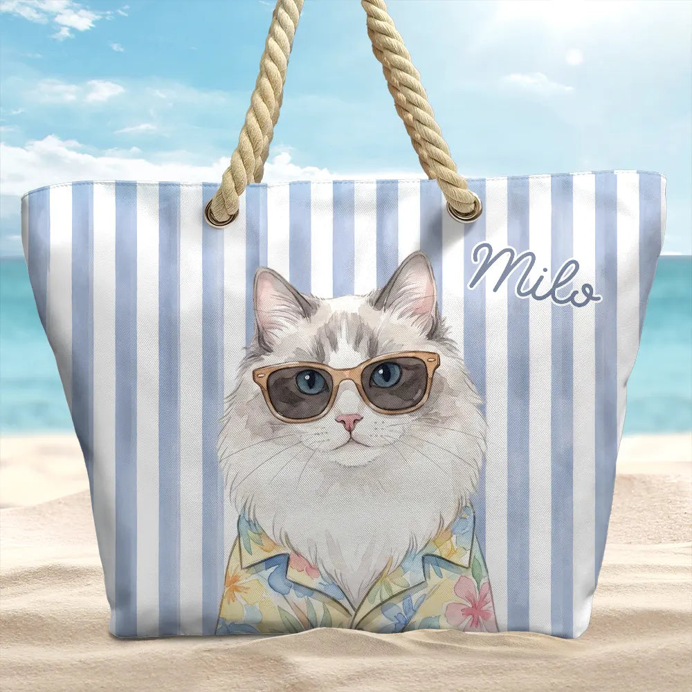 Custom Photo Watercolor Pet With Summer Accessories Pet Portrait - Personalized Beach Bag