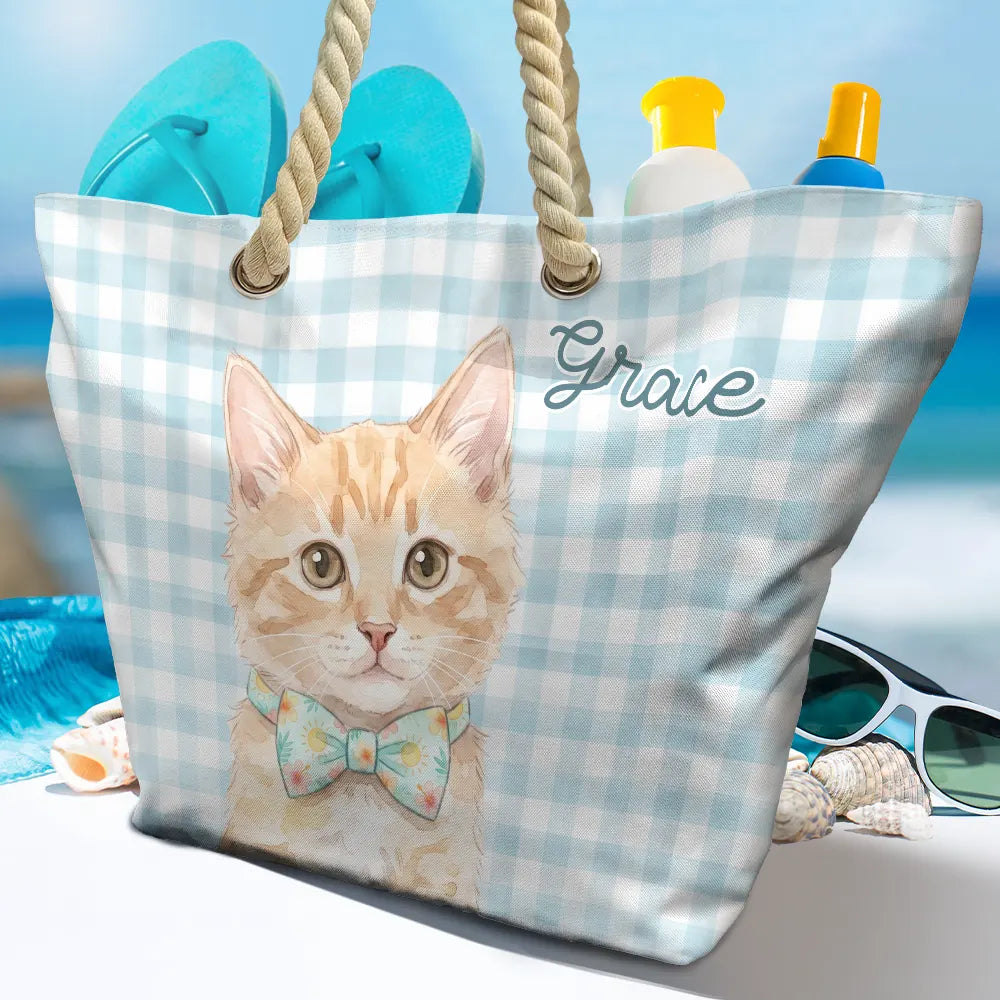 Custom Photo Watercolor Pet With Summer Accessories Pet Portrait - Personalized Beach Bag