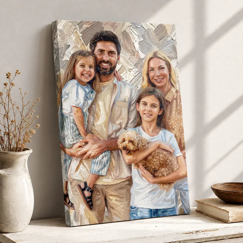 Custom Photo Oil Painting Happy Family Dad Mom Kid Pet - Personalized Poster