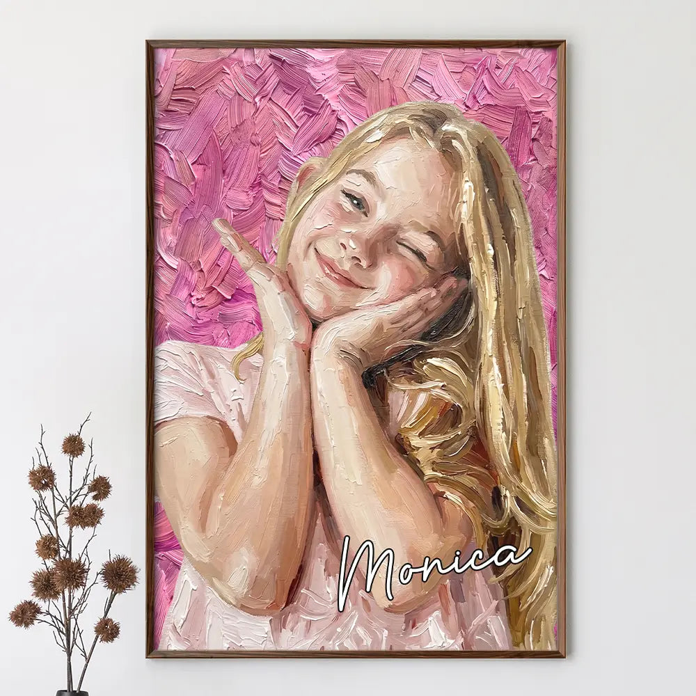 Custom Photo Oil Painting Happy Family Dad Mom Kid Pet - Personalized Poster
