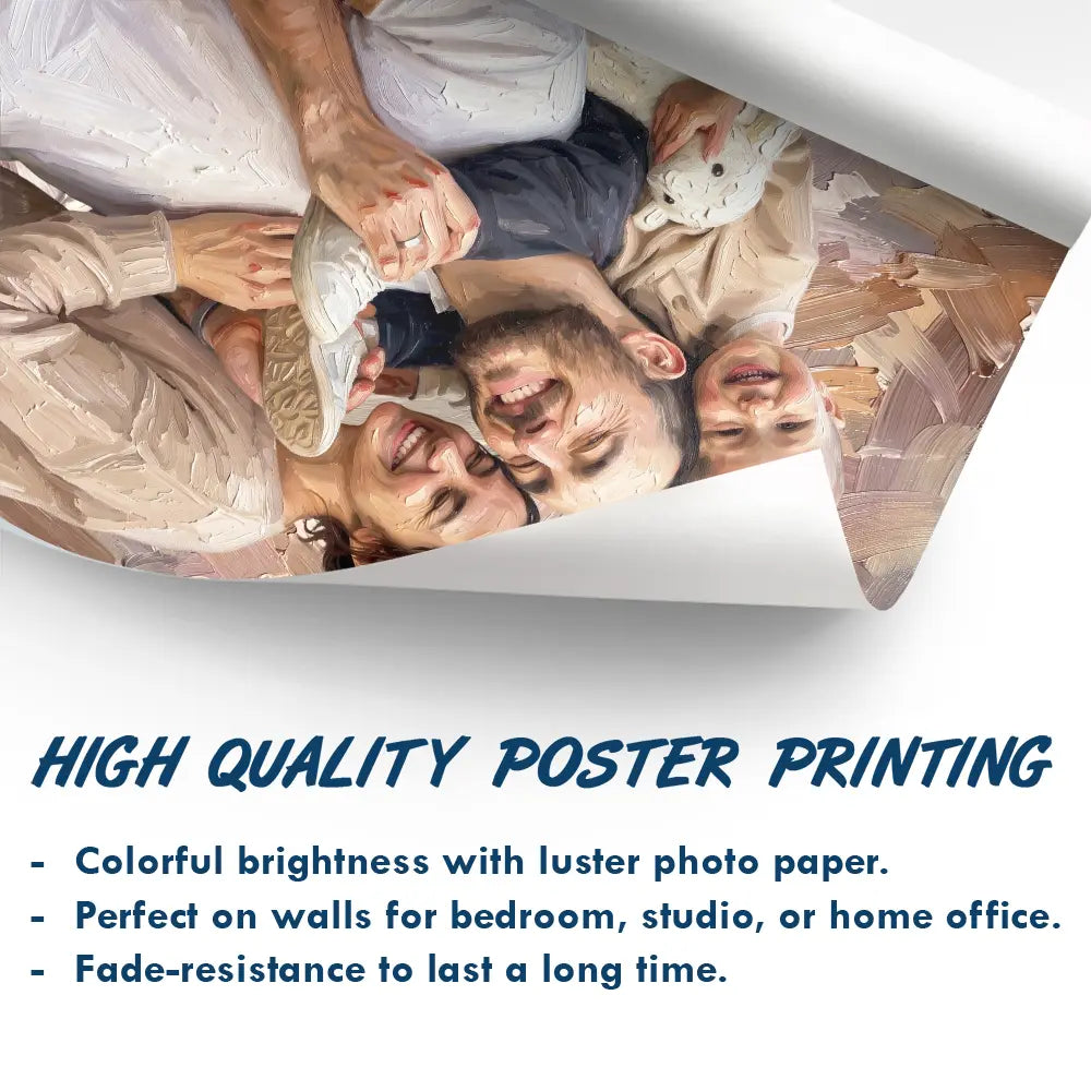 Custom Photo Oil Painting Happy Family Dad Mom Kid Pet - Personalized Poster