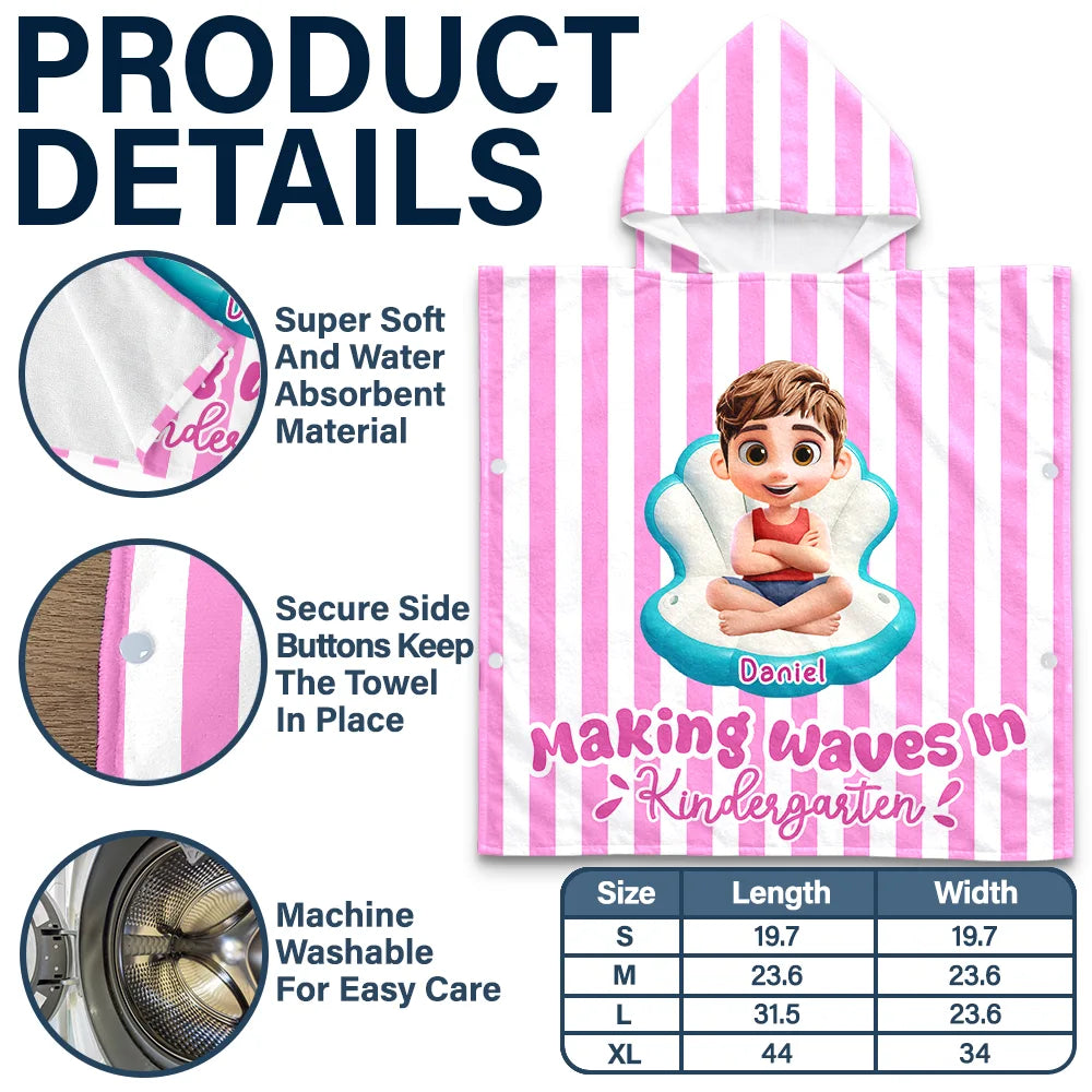 Making Waves In First Grade Summer Trip - Personalized Kids Hooded Poncho Towel