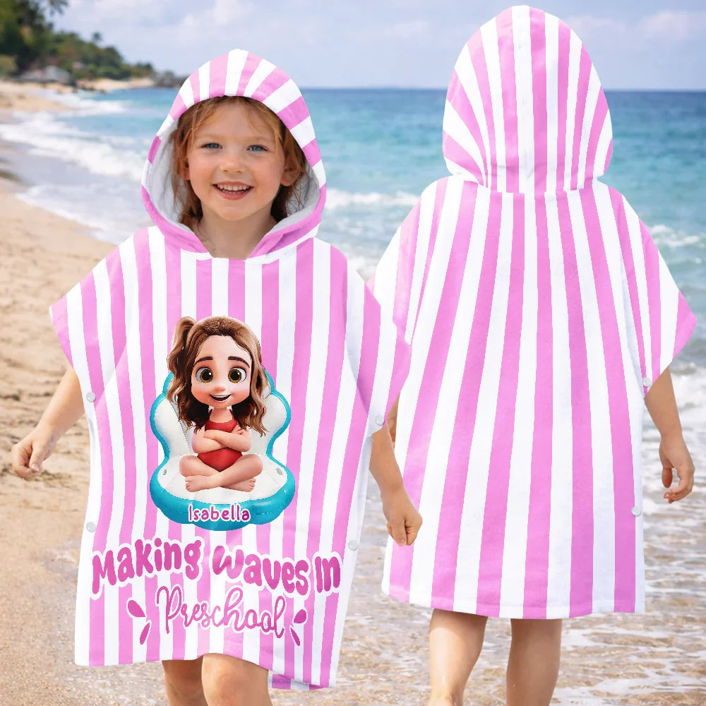 Making Waves In First Grade Summer Trip - Personalized Kids Hooded Poncho Towel