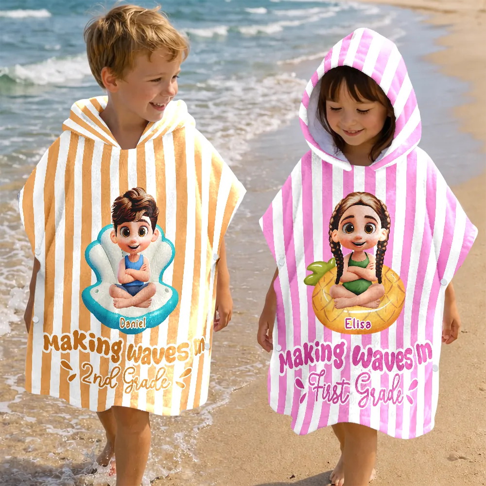 Making Waves In First Grade Summer Trip - Personalized Kids Hooded Poncho Towel
