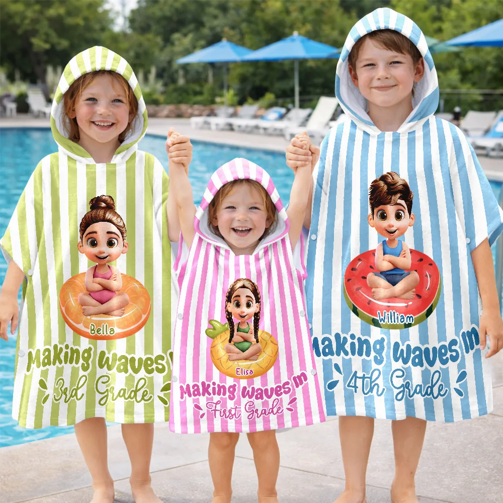 Making Waves In First Grade Summer Trip - Personalized Kids Hooded Poncho Towel
