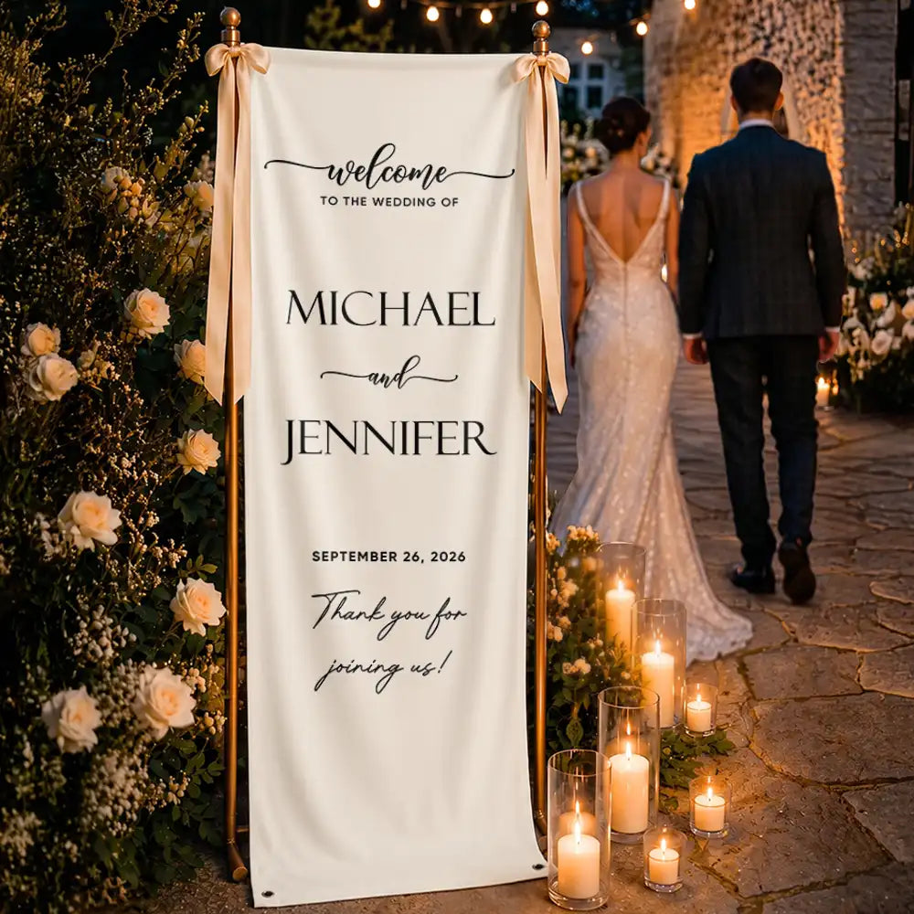 Minimalist Welcome To The Wedding Of Us - Personalized Vertical Banner