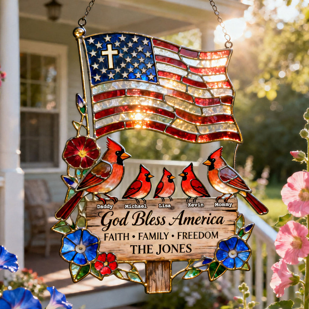 Peaceful American Cardinal Family Under God Suncatcher, Personalized Gifts For Family 03qhti030626