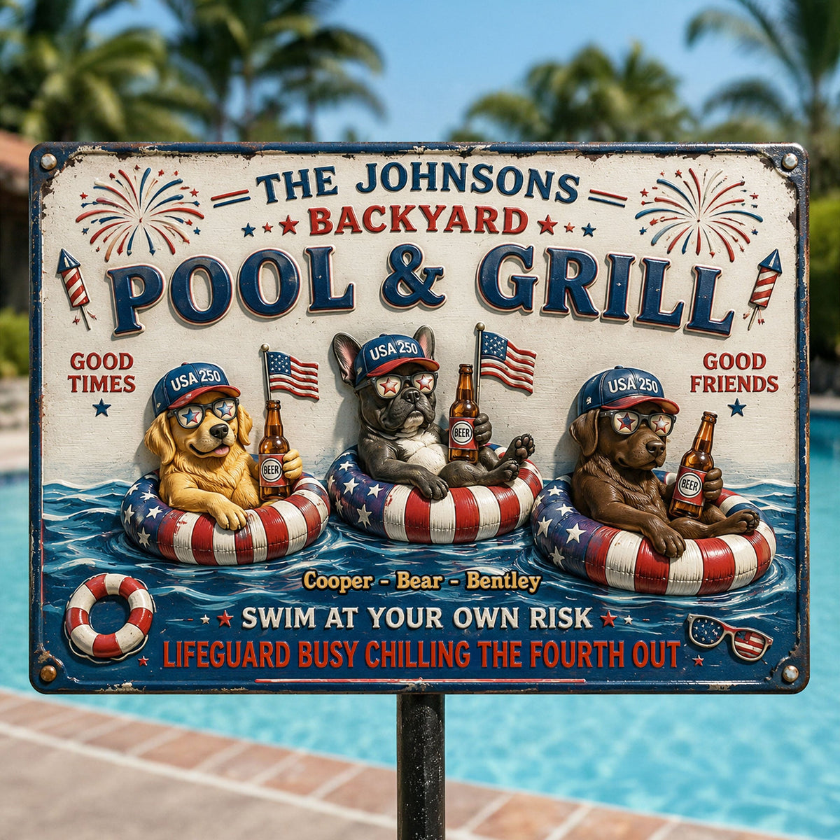 Fun Chilling Pet On Patriotic Pool Metal Sign, Custom Photo Gifts For Dog & Cat Owners 03qhti050626