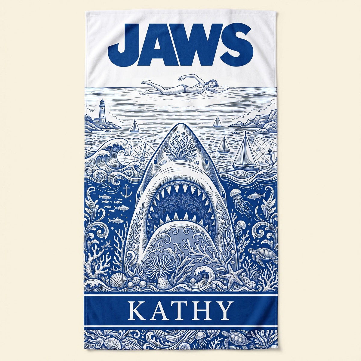 Ancient Shark Toile De Jouy Beach Towel, Personalized Gifts 03qhti180726