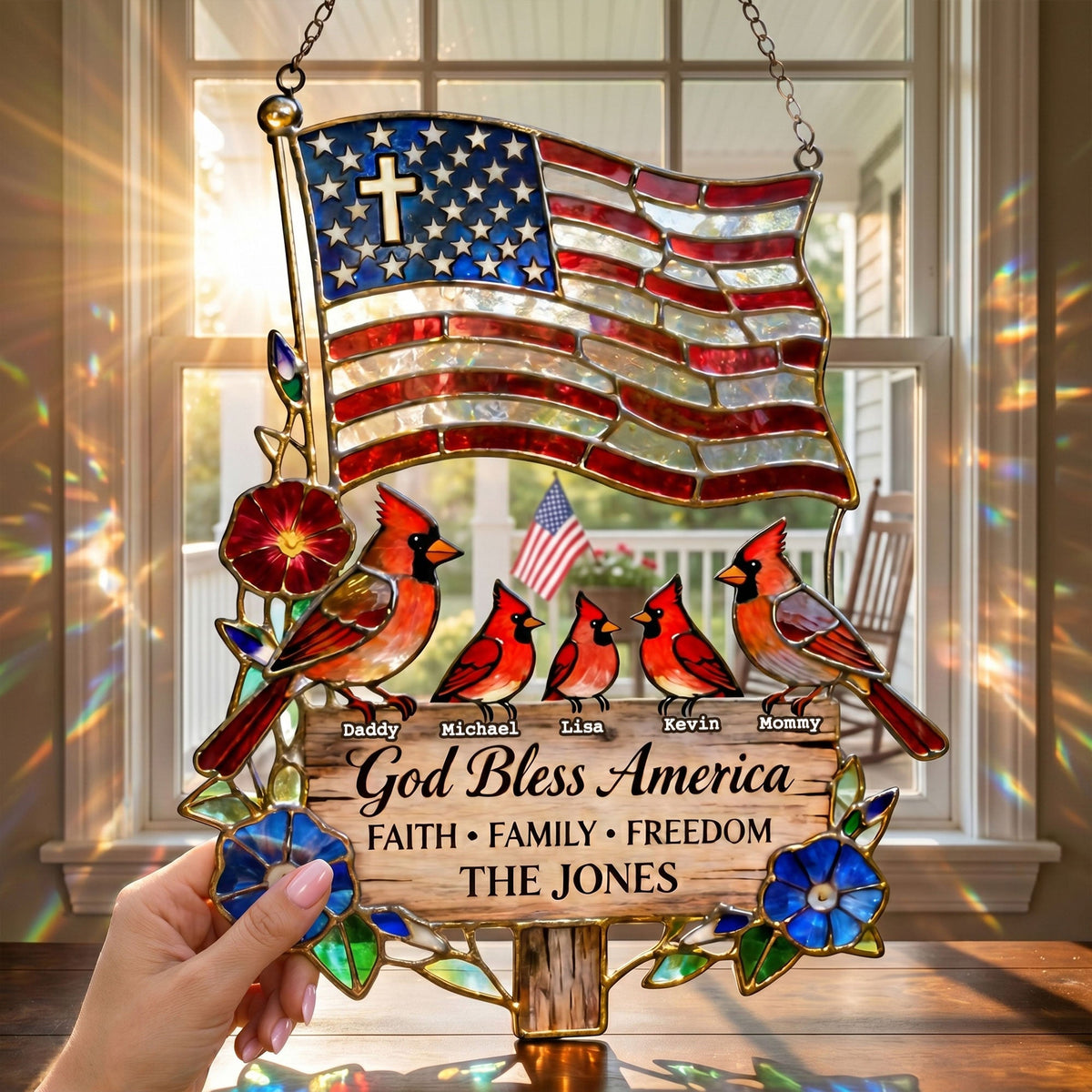 Peaceful American Cardinal Family Under God Suncatcher, Personalized Gifts For Family 03qhti030626