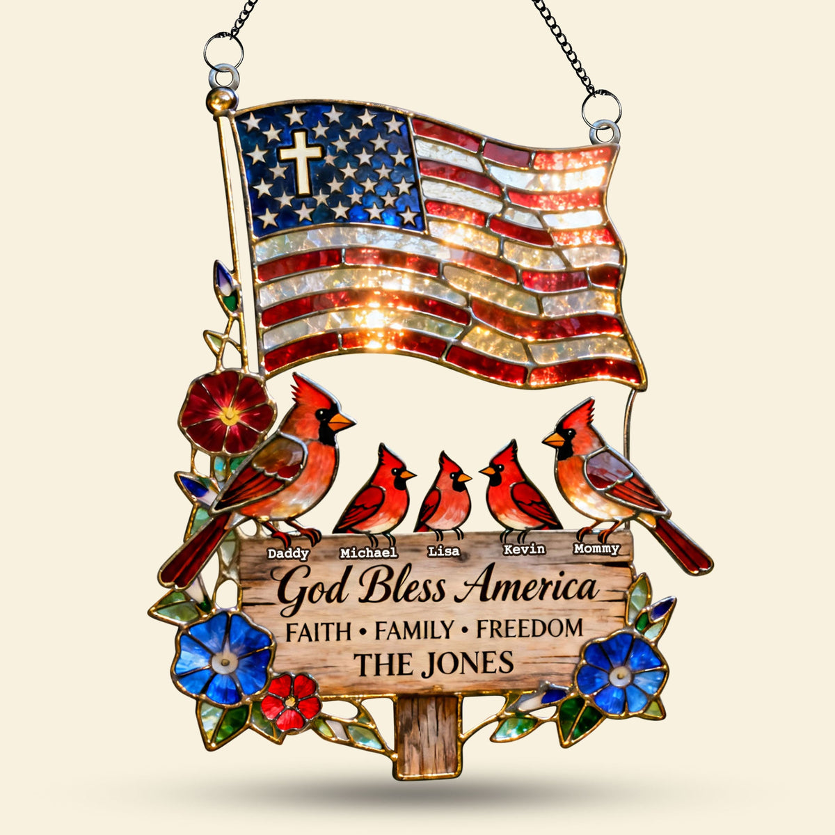 Peaceful American Cardinal Family Under God Suncatcher, Personalized Gifts For Family 03qhti030626
