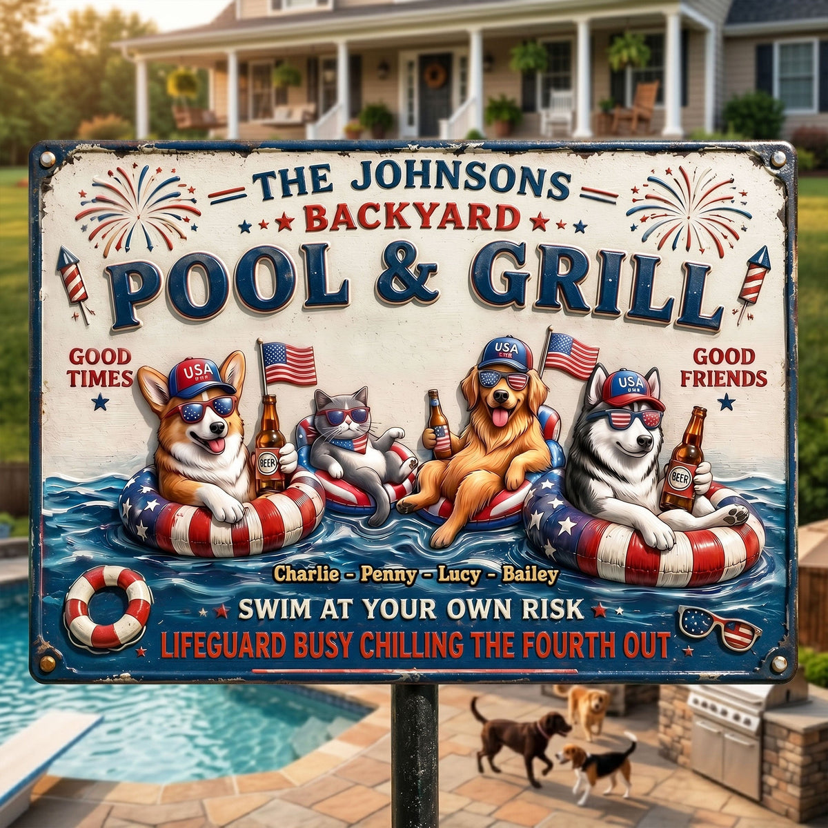 Fun Chilling Pet On Patriotic Pool Metal Sign, Custom Photo Gifts For Dog & Cat Owners 03qhti050626
