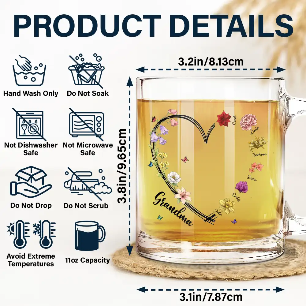Mom Grandma Sweetheart Birth Month Flower - Personalized Glass Mug