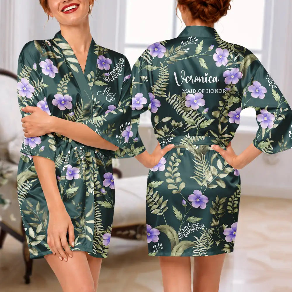 Monogram Birth Flower Bride, Bridesmaids, Mom, Daughter, Bachelorette - Personalized Satin Robe
