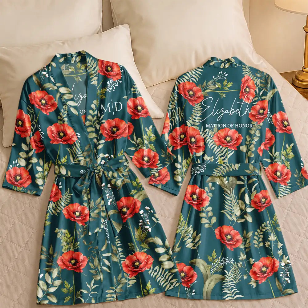 Monogram Birth Flower Bride, Bridesmaids, Mom, Daughter, Bachelorette - Personalized Satin Robe