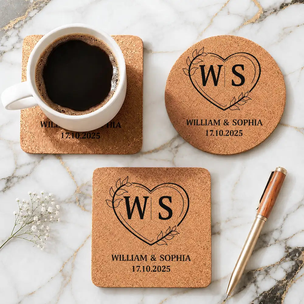 Monogram Wedding Couple Name - Personalized Cork Coaster