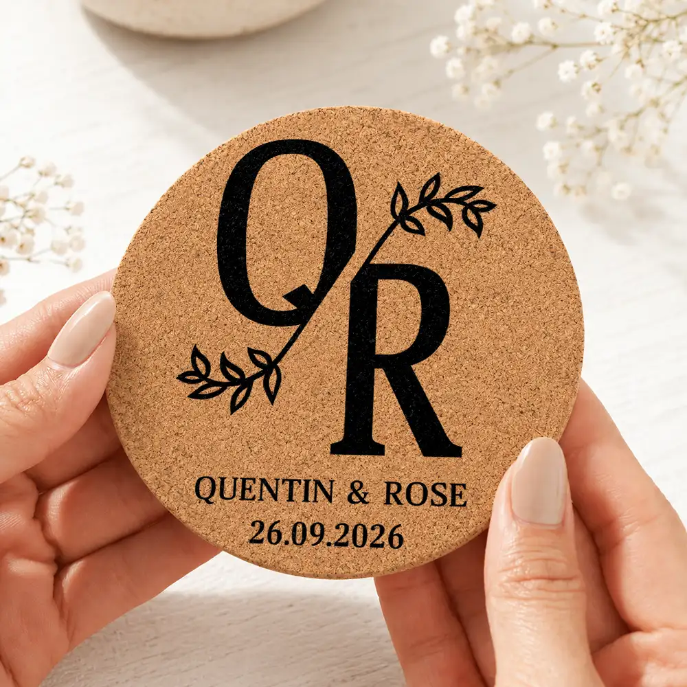 Monogram Wedding Couple Name - Personalized Cork Coaster