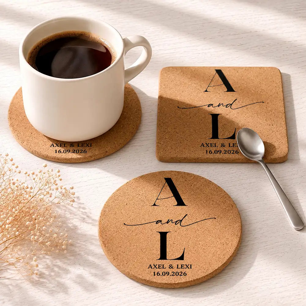 Monogram Wedding Couple Name - Personalized Cork Coaster
