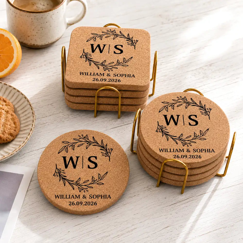 Monogram Wedding Couple Name - Personalized Cork Coaster
