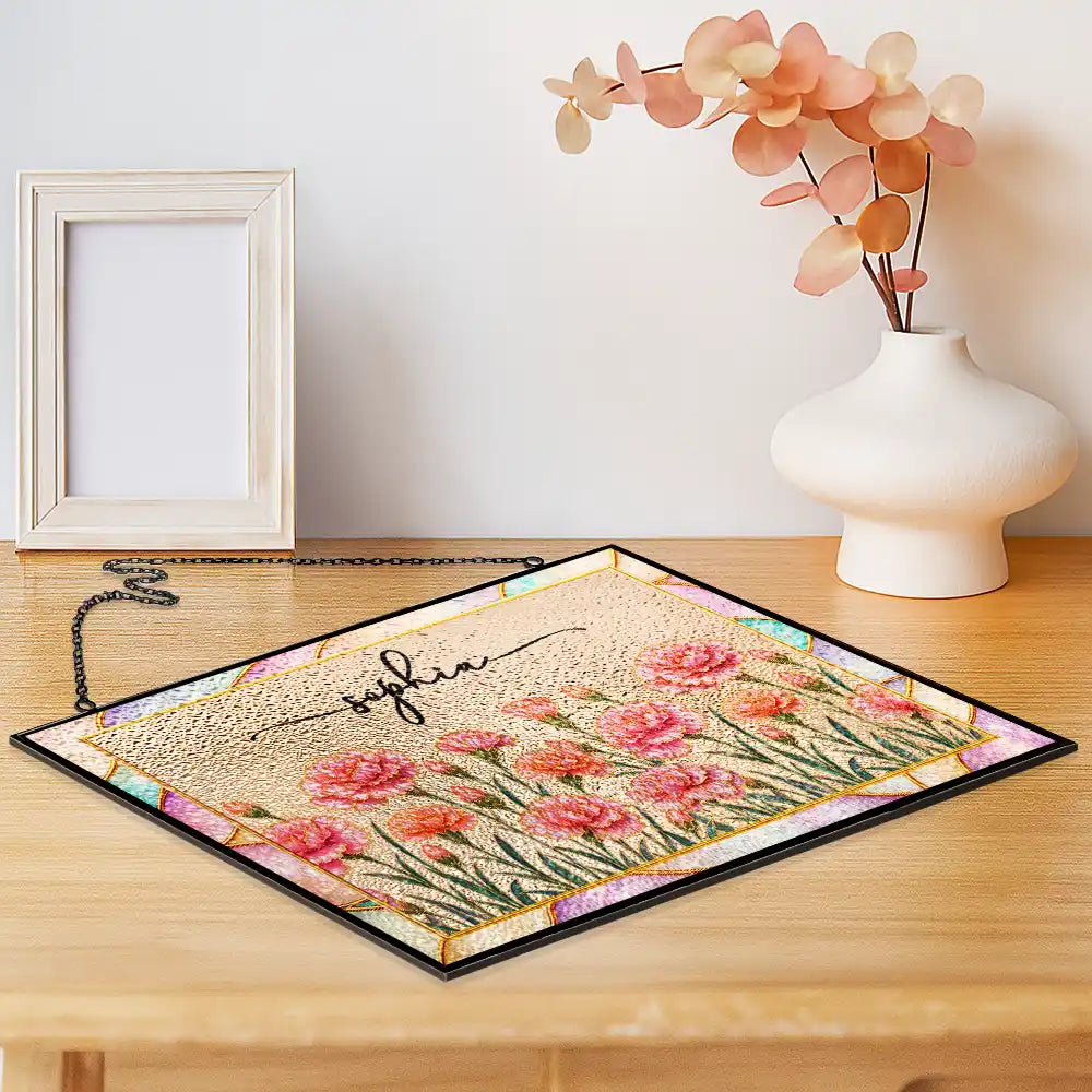 Mother Of Pearl Birth Flower Blooming In Love - Personalized Horizontal Stained Glass Suncatcher
