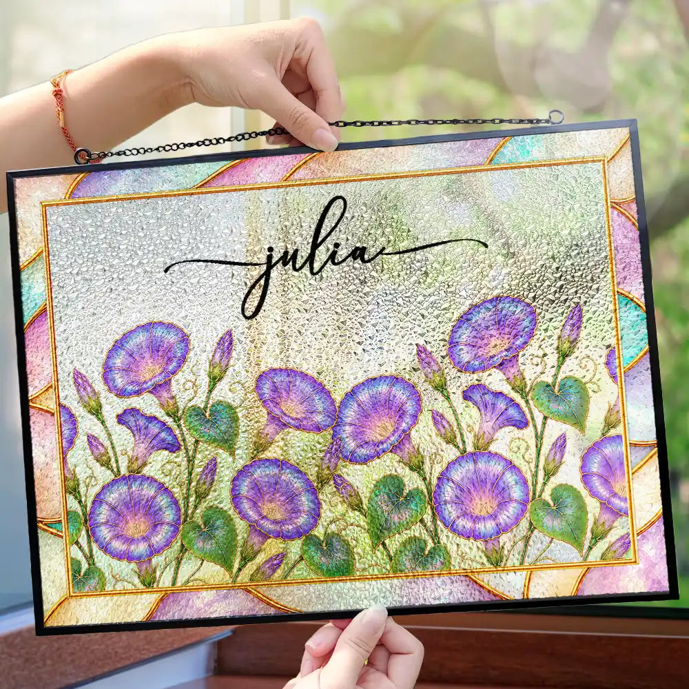 Mother Of Pearl Birth Flower Blooming In Love - Personalized Horizontal Stained Glass Suncatcher