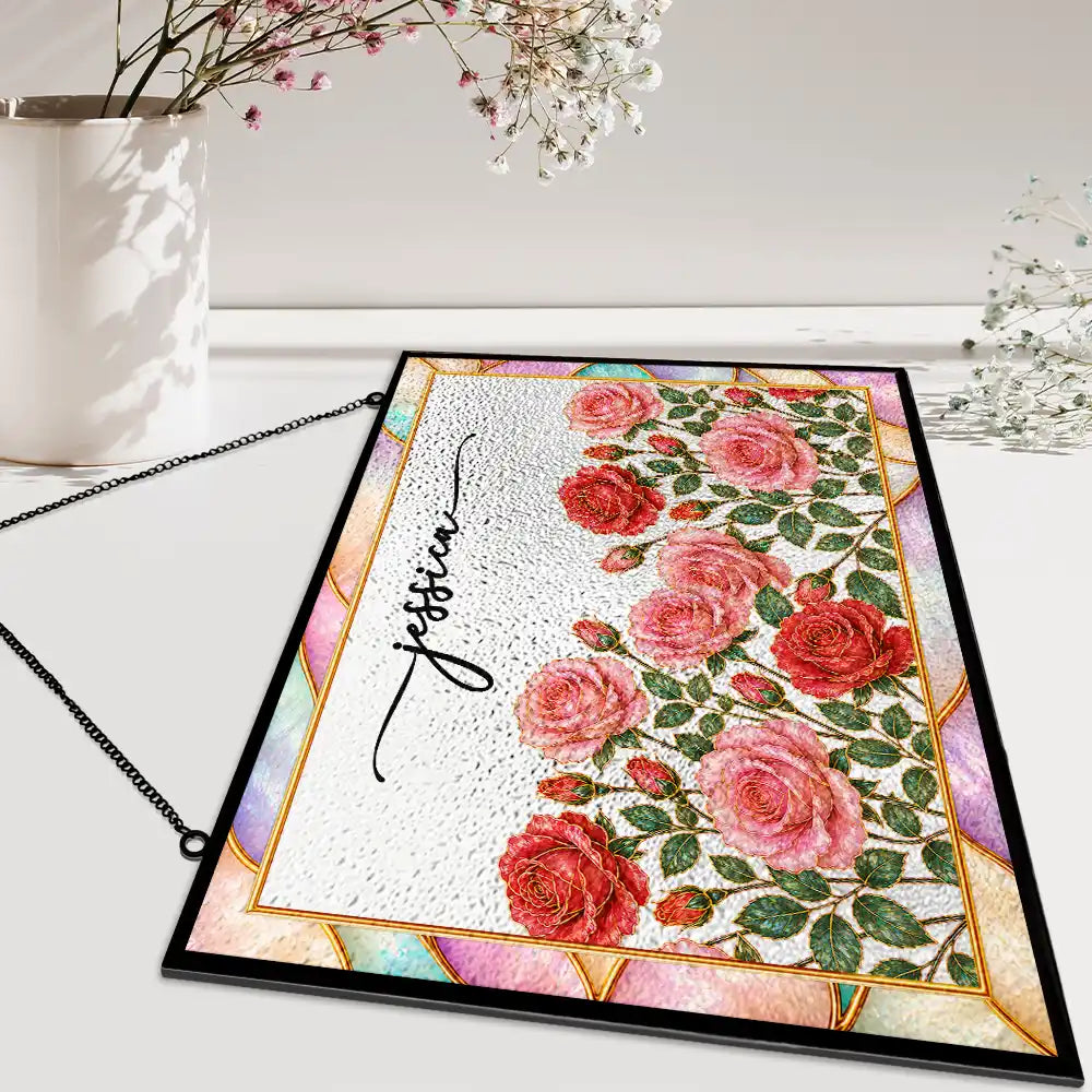 Mother Of Pearl Birth Flower Blooming In Love - Personalized Horizontal Stained Glass Suncatcher