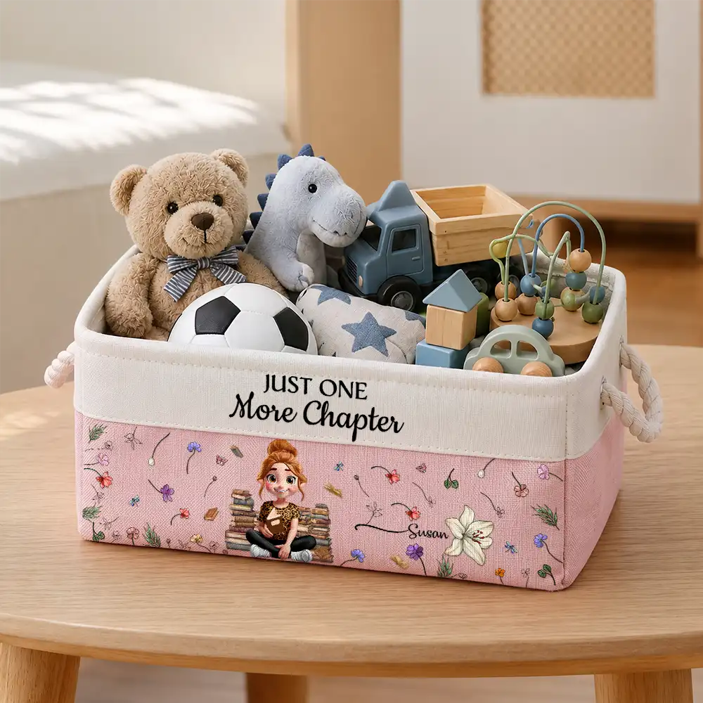 My Books Reading Girl With Birth Month Flower - Personalized Storage Basket