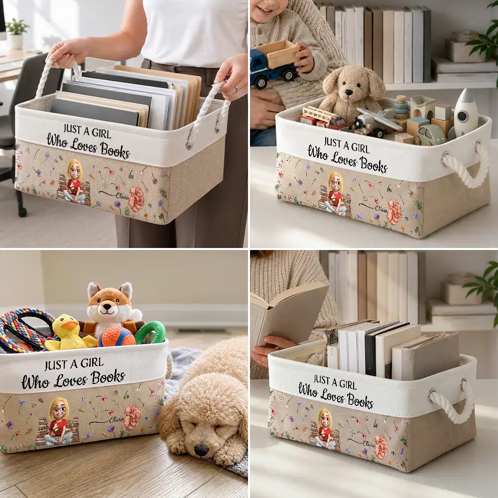 My Books Reading Girl With Birth Month Flower - Personalized Storage Basket