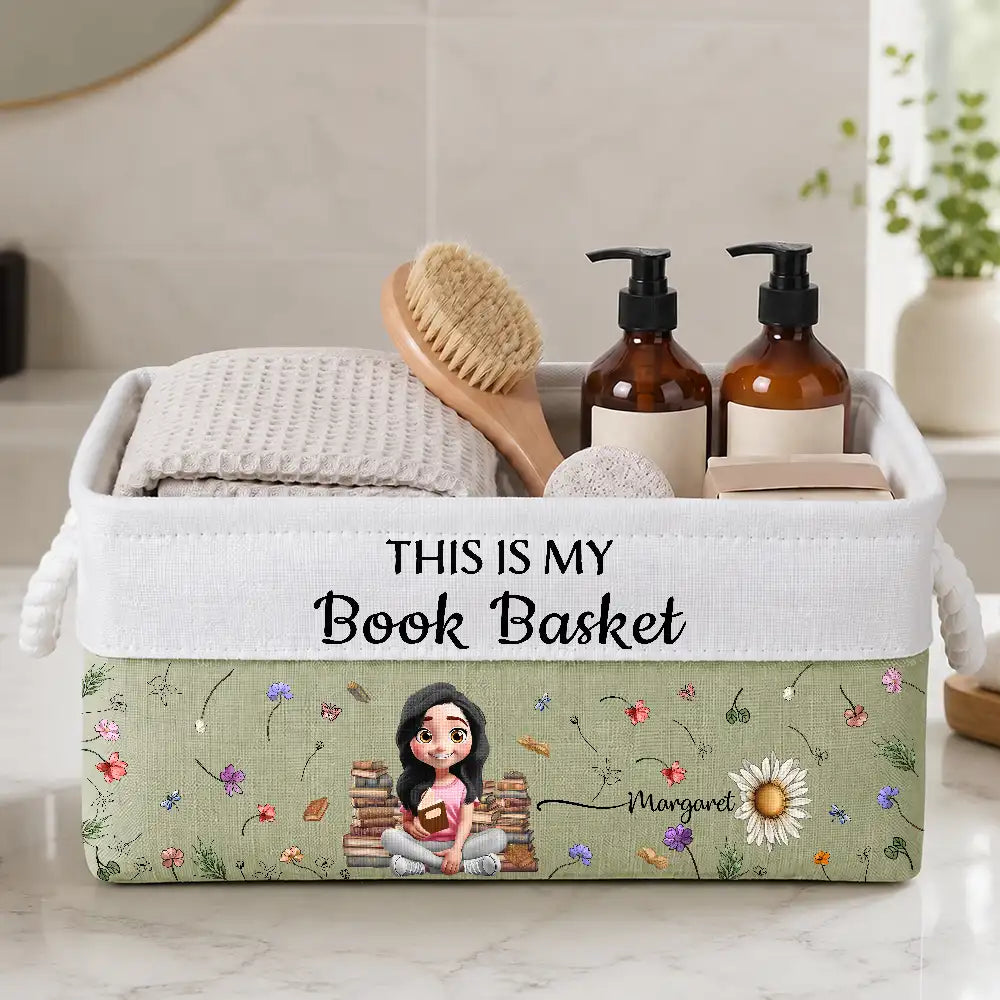 My Books Reading Girl With Birth Month Flower - Personalized Storage Basket