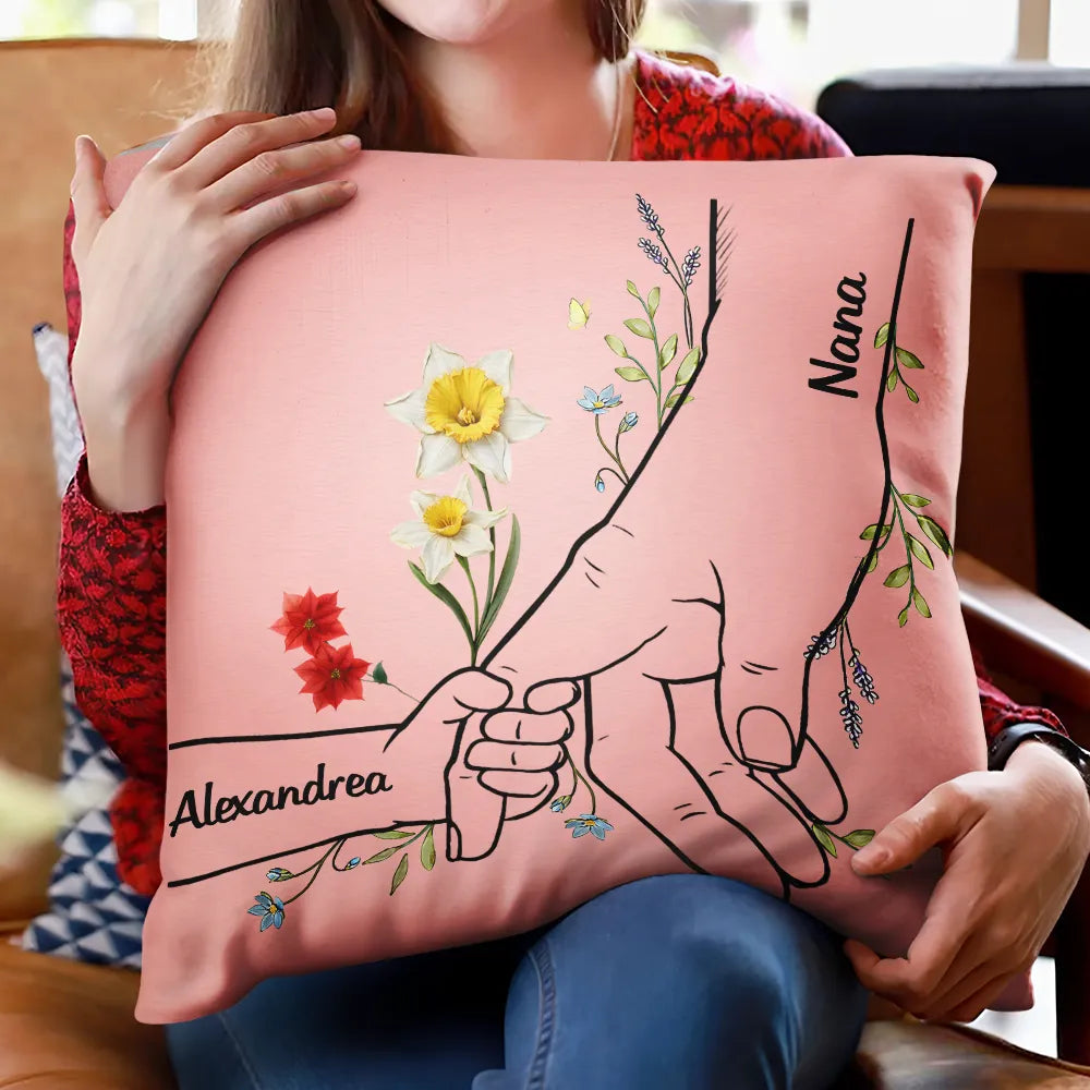 Hand In Hand Birth Flower Mom Kid Nana Grandkid - Personalized Pillow