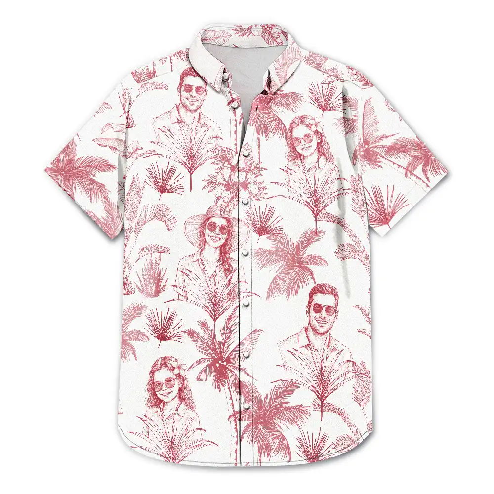 Custom Photo Pencil Sketch Toile De Jouy Pattern Family Pet Friend - Personalized Hawaiian Shirt