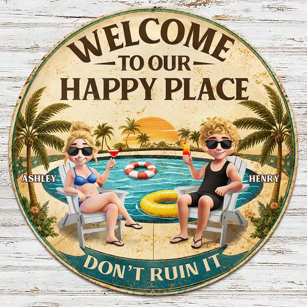 Welcome To Our Happy Place Poolside - Personalized Custom Shaped Metal Sign