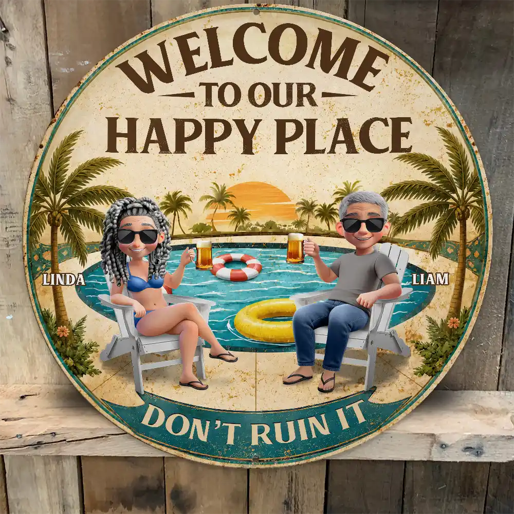 Welcome To Our Happy Place Poolside - Personalized Custom Shaped Metal Sign